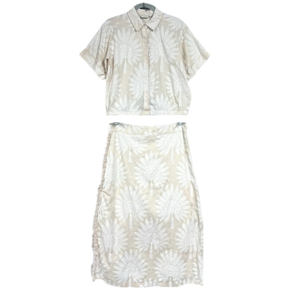 Spartina Kai Linen Shirt & Kade Linen Skirt Callawassie Palmetto Tan Fringe Sz M - Picture 2 of 16